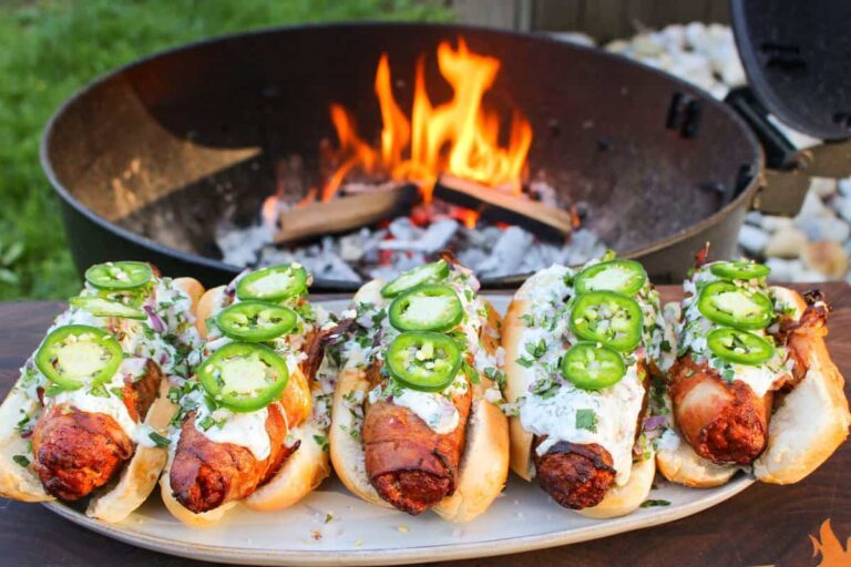 Bacon Wrapped Chorizo Dogs – Over The Fire Cooking