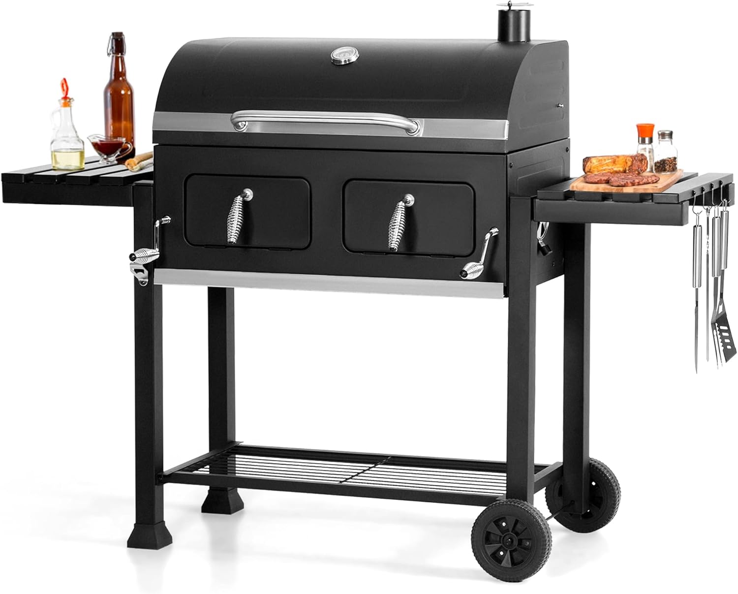 GREEN PARTY Barrel Charcoal Grill with Side Tables, 794…