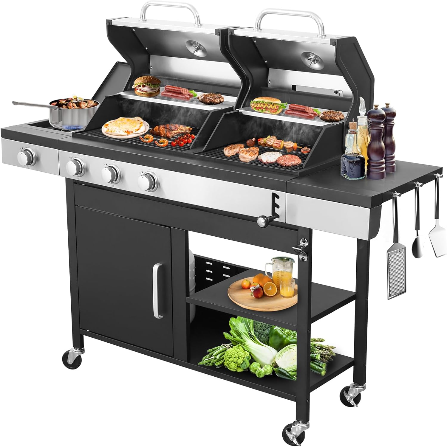 Gas Grill and Charcoal Grill Combo with Side Burner, Du…